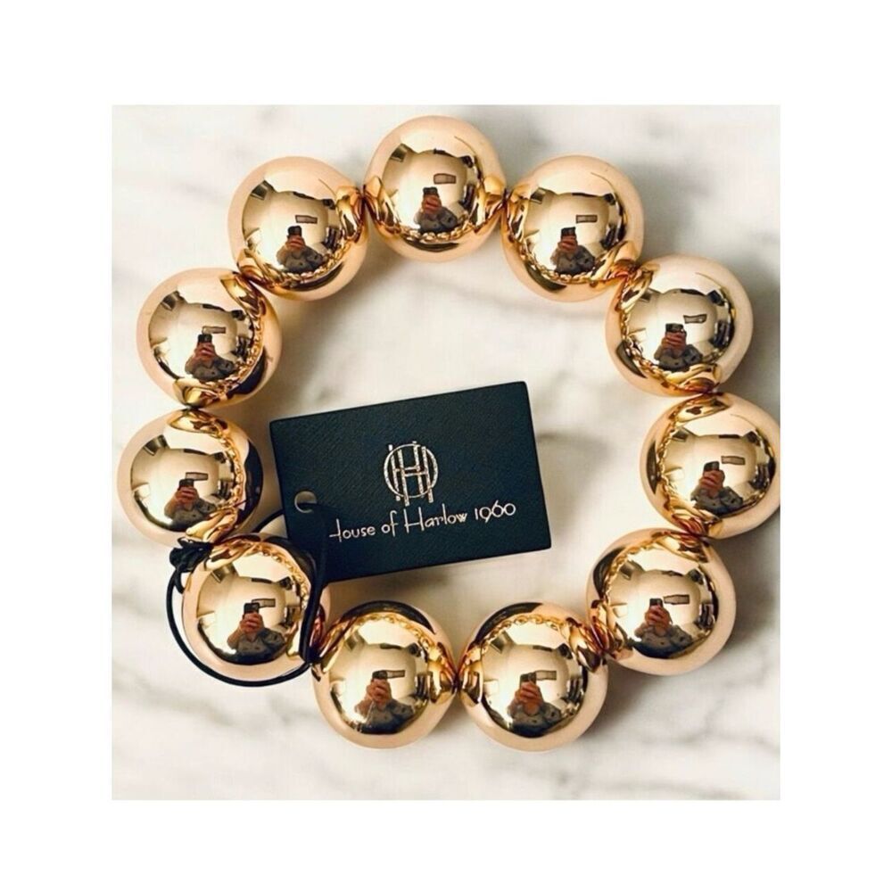 NWT Gorgeous House of Harlow 196 Elastic Highly Polished Big Gold Beads Bracelet